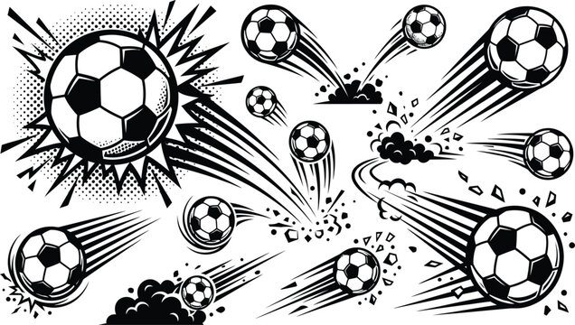 Multiple soccer balls flying in all directions