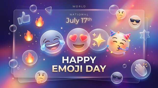 Happy emoji day july 17th banner with glass effect icons emoticon celebration