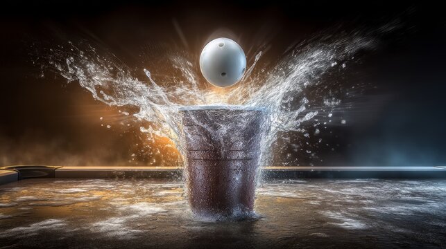 Billiard ball hitting a cup causing splash effect, motion photograph