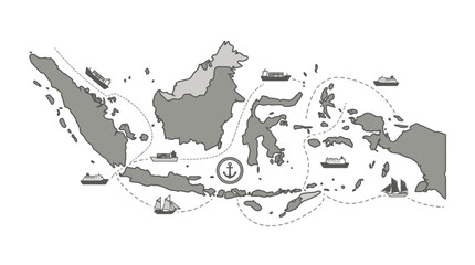 Obraz premium Indonesia Map with Ships and Anchor Icon - Maritime Shipping Routes