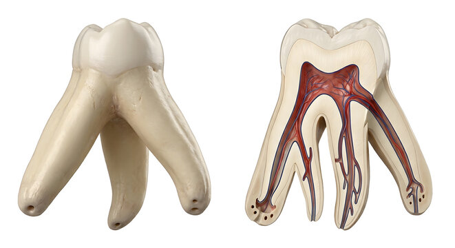 ​Hyper-Realistic 3D Render of a Trifurcated Tooth Root Anatomy and Internal Cross-Section, Suitable for Science Education, Isolated on a White Background