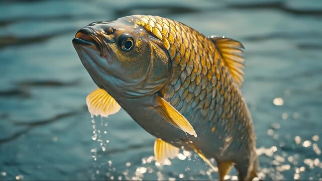 A Gold Carp Jumping Out Of The Water Surface Creating Splashes In A Natural Pond Environment Captured In A Dynamic Motion Wildlife Moment