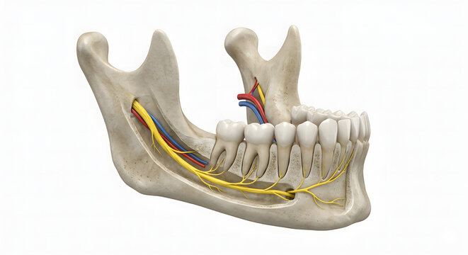 3D Render of the Human Mandible and Inferior Alveolar Nerve Pathway, Suitable for Science Education, Isolated on White Background