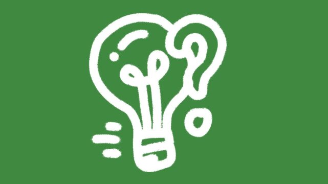 Creative idea question mark light bulb hand-drawn cartoon graphic with chalk outline FAQ problem solving icon isolated on green screen background for innovation brainstorming line art element concept.