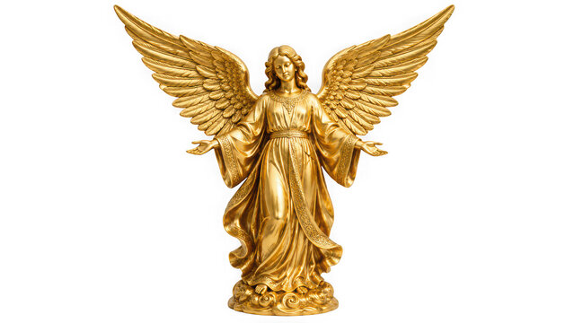 Gold angel statue with wings spread isolated on transparent background