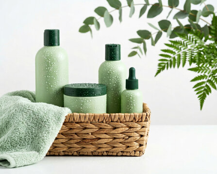 Um conjunto de embalagens sem r&oacute;tulos, de produtos para cabelos, na cor verde claro com tampa verde escuro, dentro de uma cesta de vime, com galhos com folhas verdes ao fundo. Fundo infinito branco.
