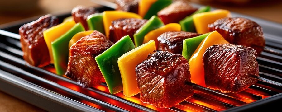 Close-up grilled beef skewers with bell peppers on a hot barbecue grill, juicy charred kebabs