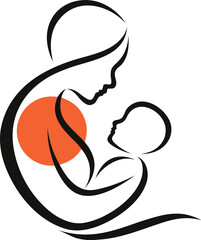 Obraz premium Caregiver holding newborn baby silhouette line art minimalist vector illustration 