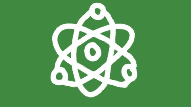 Science atom core nucleus hand-drawn cartoon graphic with chalk outline quantum physics molecule icon isolated on green screen background for school classroom chemistry education line art.