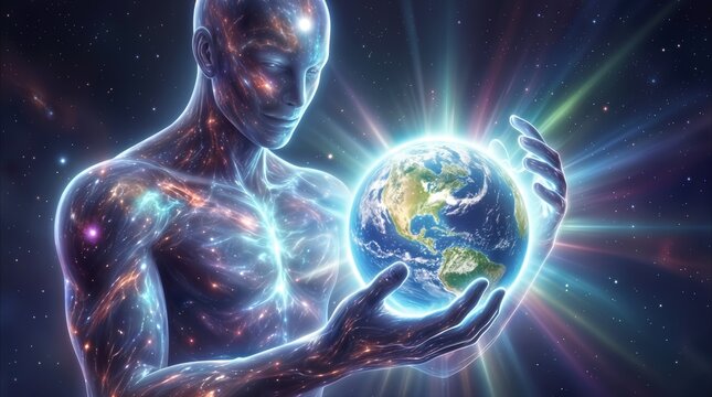 Translucent cosmic entity holding planet Earth in hands. Protective guardian of the world in deep space representing global environmental stewardship.