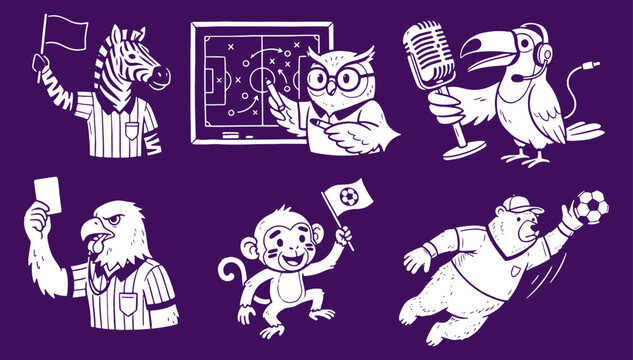 Hand-Drawn Soccer Cartoon Animal Mascot Character Set for Sports Branding