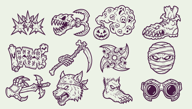 Halloween Horror Sketch Icons and Spooky Monster Line Art Vector Collection