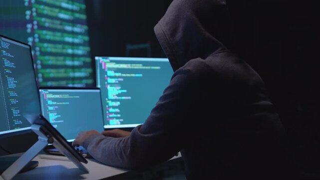 Hacker Working on Multiple Monitors with Code in a Low-Light Environment