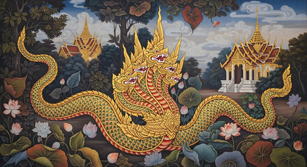 Fototapeta premium Intricate Dragon Artwork Surrounding Ornate Temples