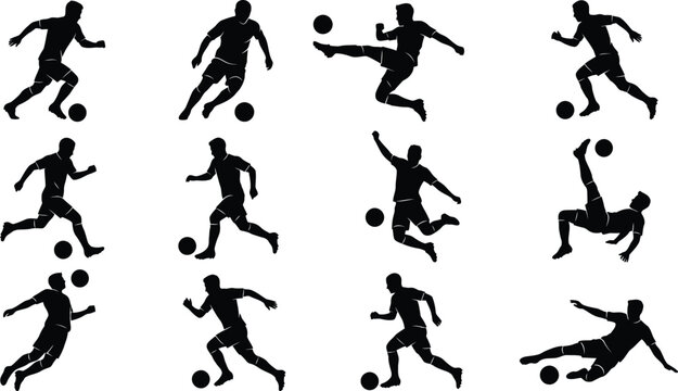 Black silhouettes of soccer players kicking balls
