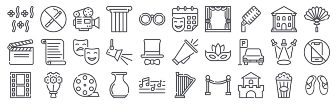 30 thin line Theatre icons for web, app and interface design featuring confetti, clapperboard, cinema, no smoking, script. Vector outline collection