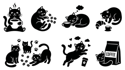 Fototapeta premium Cute Black Cat and Coffee Cafe Illustration Set – Kawaii Cartoon Kitty Characters with Coffee Cups, Coffee Beans, Pastry and Cafe Elements for Branding, Stickers and Merchandise Design
