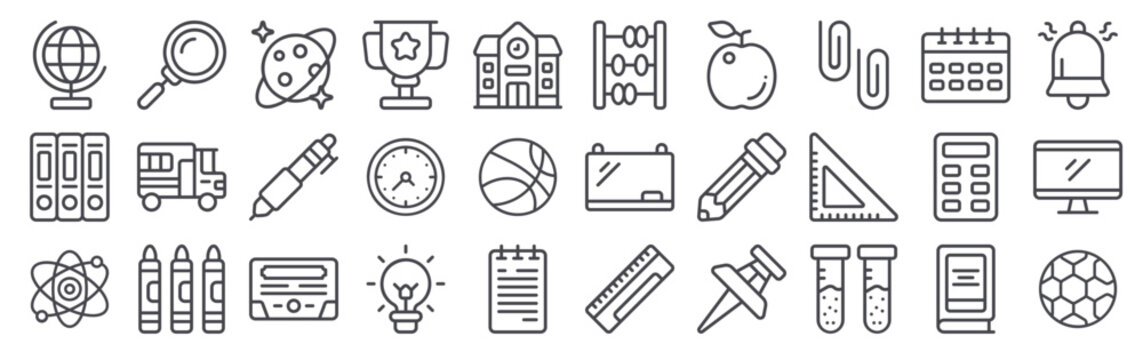 30 thin line School icons for web, app and interface design featuring global, archives, science, magnifier, school bus. Vector outline collection