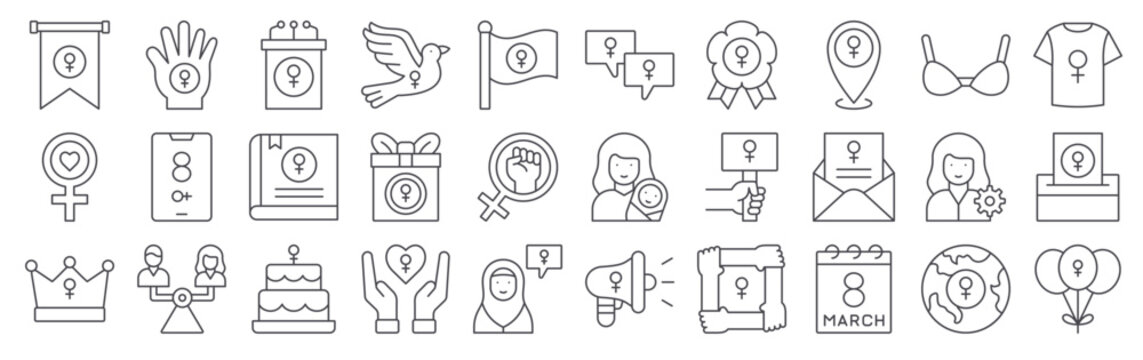 30 thin line Women Day icons for web, app and interface design featuring banner, symbol, queen, violence, handphone. Vector outline collection