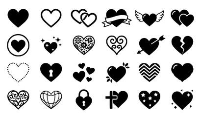 Fototapeta premium Black and White Heart Silhouette Icon Set with Love and Romantic Symbol Collection