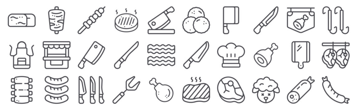 30 thin line Butcher icons for web, app and interface design featuring meatloaf, apron, ribs, doner kebab, butcher shop. Vector outline collection
