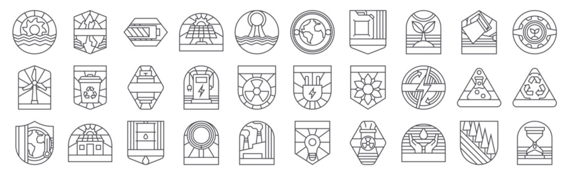30 thin line Badge Line Ecology icons for web, app and interface design featuring hydro power, windmill, global warming, iceberg, recycle. Vector outline collection