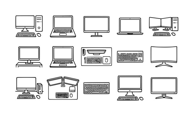Desktop computer and laptop illustration icon set in monochrome vector style