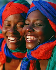 Fototapeta na wymiar Two Haitian women wearing vibrant headscarves in national colors share a joyful moment while cheering at an outdoor soccer match. Two female fans from Haiti dressed in colorful