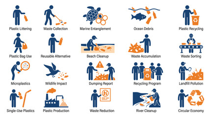 Fototapeta premium Plastic Pollution Stick Figure Icons with Plastic Waste Marine, Debris Recycling and Cleanup Symbols in Blue and Orange Design