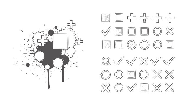 Hand drawn ink splatters and grunge checkmark x square circle plus symbols