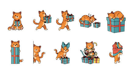 Obraz premium Playful ginger cat characters with birthday and holiday gift boxes