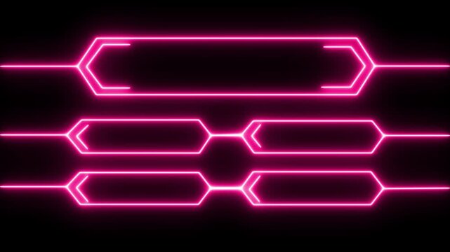 Neon pink lower third text box overlay animation loop on black background. Cyberpunk neon glowing banner frames for text hud element template