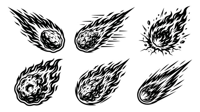 Meteor Fireball Collection Black and White Vector Illustration Set