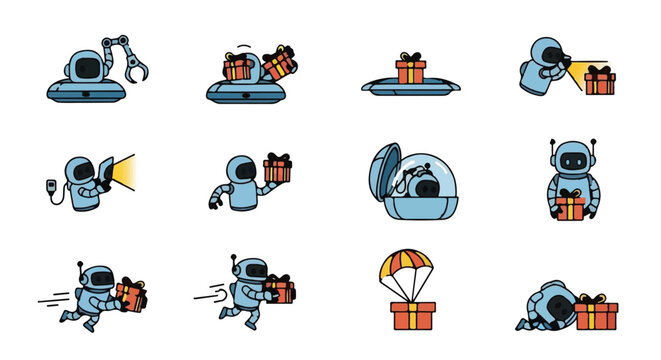 Delivery robot character set handling gift boxes and packages