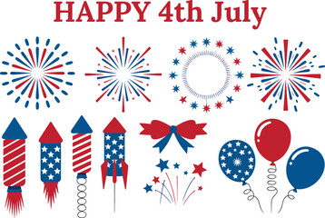 Obraz premium Festive collection of colorful Fourth of July celebration elements including fireworks rockets and balloons