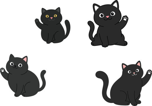 Cute friendly cartoon black cat character set waving paw vector illustration isolated on white background