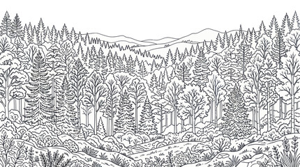 Detailed illustration of coniferous forest trees. © elsa