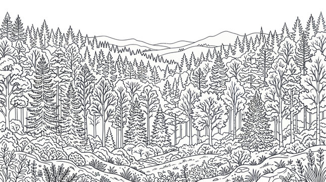 Detailed illustration of coniferous forest trees.
