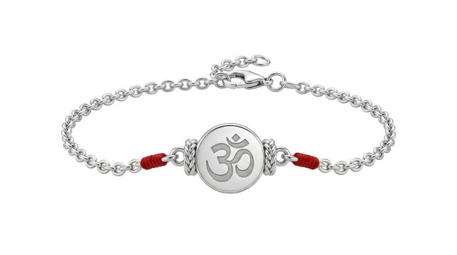 Silver om symbol bracelet with red thread, isolated on transparent background
