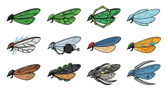 Cybernetic and organic insect wing icons for futuristic design