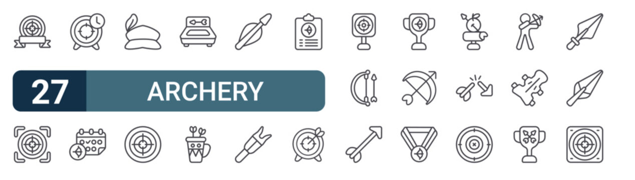 Pack of 27 linear Archery web icons such as archery, sight, target, archery, hat. Editable vector stroke symbols