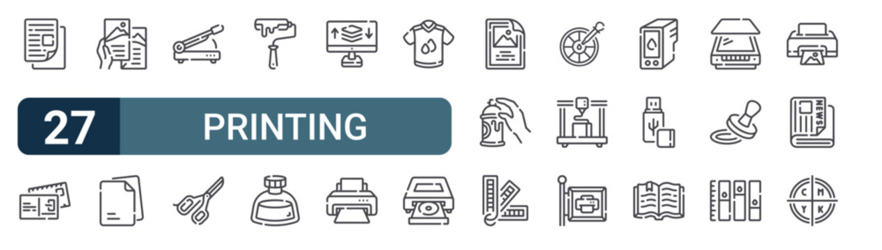 Pack of 27 linear Printing web icons such as copy, postcard, brochure, paper, paper cut. Editable vector stroke symbols