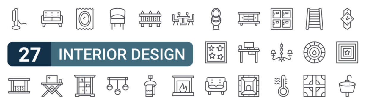 Pack of 27 linear Interior Design web icons such as floor lamp, terrace, couch, console table, mirror. Editable vector stroke symbols