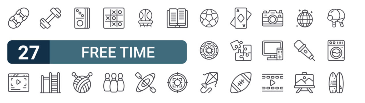 Pack of 27 linear Free Time web icons such as skateboard, watching, dumbbell, horizontal bar, domino. Editable vector stroke symbols