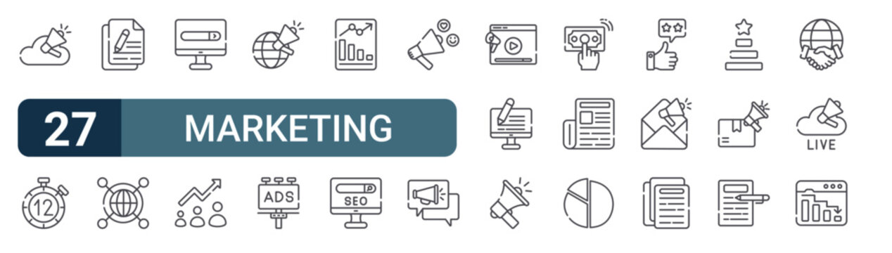 Pack of 27 linear Marketing web icons such as online marketing, timer, copy writing, network, search bar. Editable vector stroke symbols