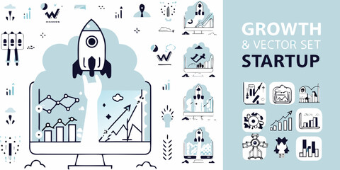 Rocket ship and business graph vector illustration blue and white color scheme © Lelin