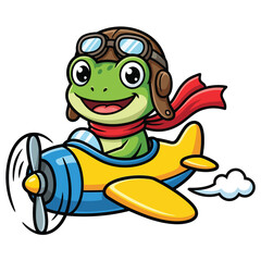 Fototapeta premium Happy cartoon frog flying an airplane with a scarf and goggles isolated on transparent background, Vector, illustration