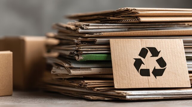 Stack of flattened cardboard boxes for recycling with recycle symbol