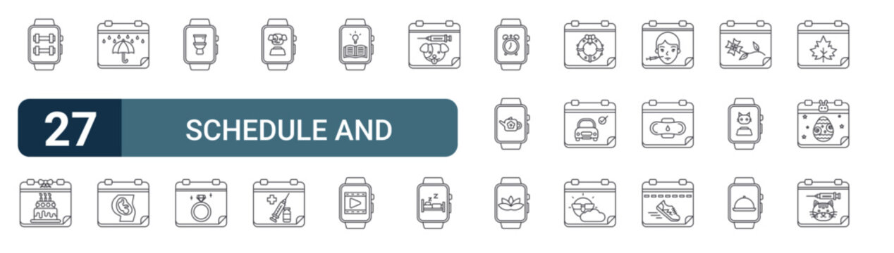 Pack of 27 linear Schedule and Notification web icons such as time, calendar, calendar, calendar, time. Editable vector stroke symbols
