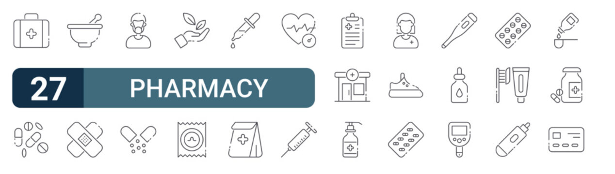 Pack of 27 linear Pharmacy web icons such as first aid kit, pills, herbal treatment, patch, respirator. Editable vector stroke symbols